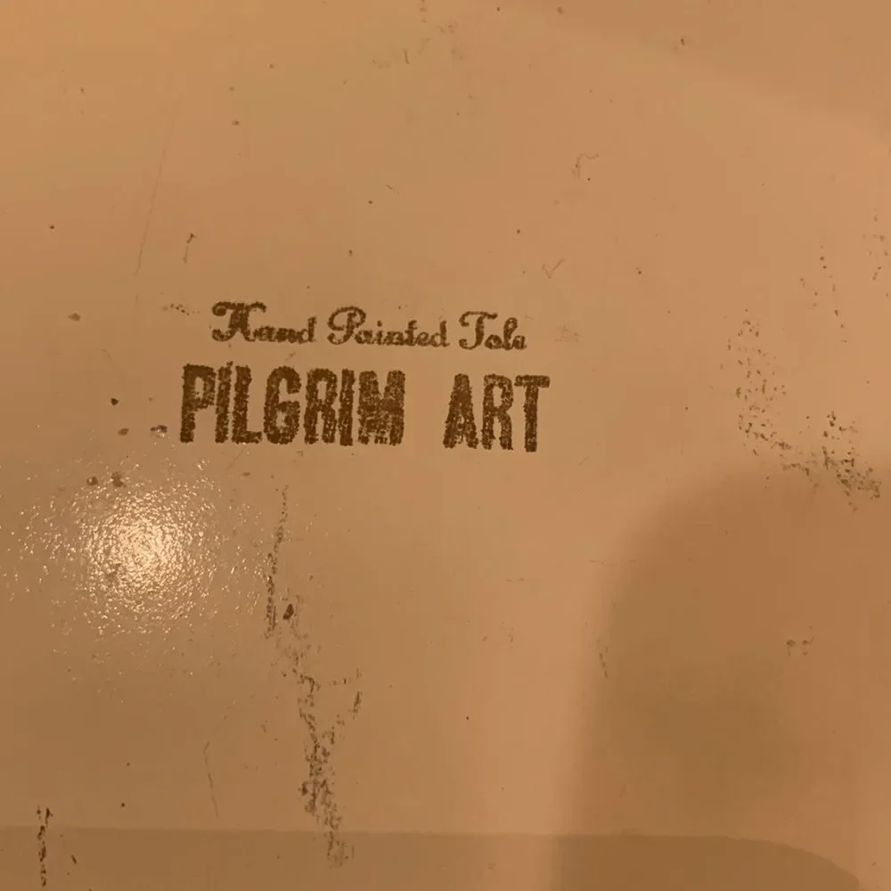 Vintage handpainted tile pilgrim art metal tray
